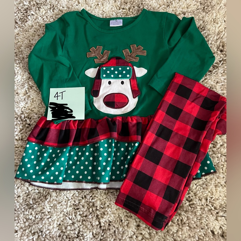 Girls Green Reindeer Holiday Set with Red Buffalo Plaid